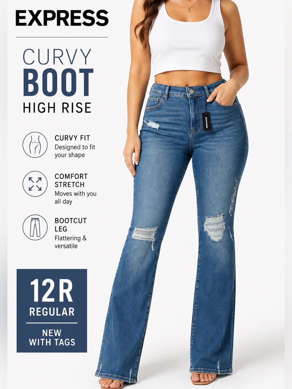NWT Express Curvy High Rise Bootcut Jeans Size 12R Distressed Stretch Denim